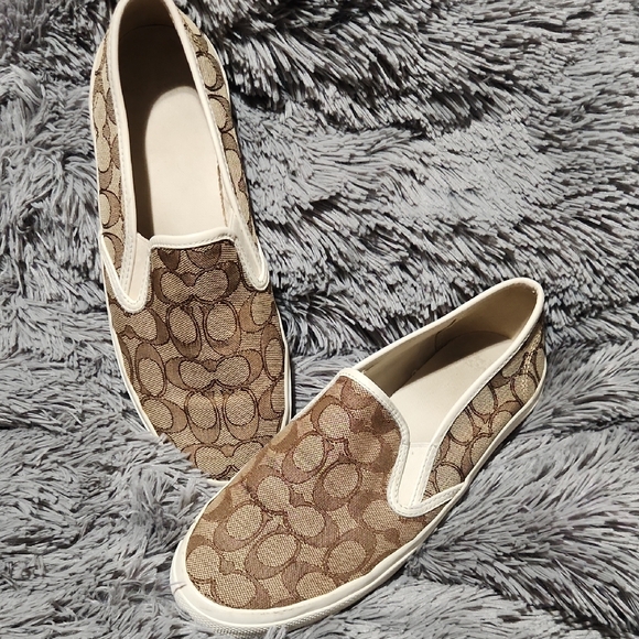 Coach Women's Brown and White Slip-On Sneakers - Picture 1 of 7